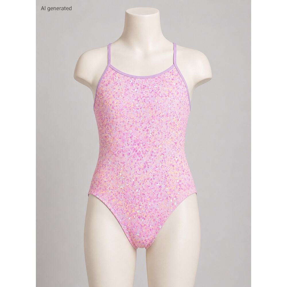 Athleta Girl One-Piece Swimsuit Pink Lavender Splatter Speckled Open Back XL 14